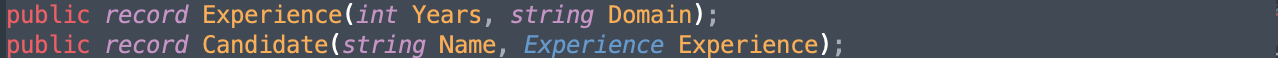 C# record types for Candidate and Experience used in C# 10 extended property pattern examples